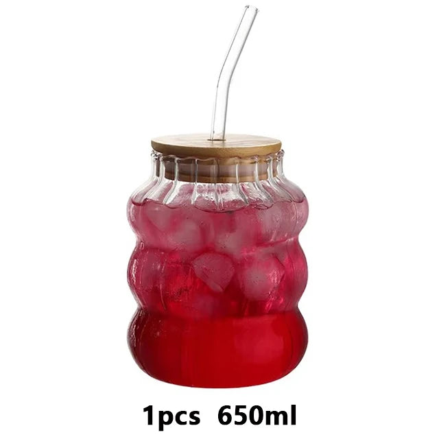 1/2pcs Glass Cup With Lid Heat-resistant Tumbler Drinkware Wave Shape Glass Cup Cold Coffee Juice Milk Tea Stripe Mug With Straw