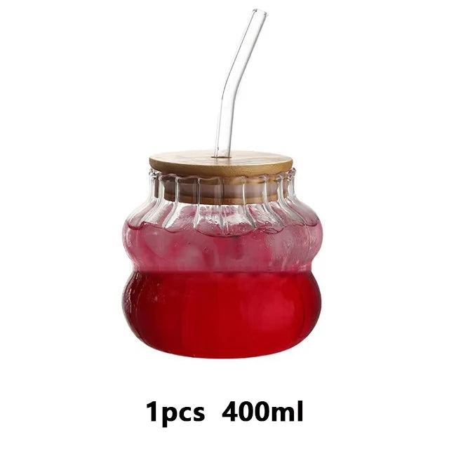 1/2pcs Glass Cup With Lid Heat-resistant Tumbler Drinkware Wave Shape Glass Cup Cold Coffee Juice Milk Tea Stripe Mug With Straw