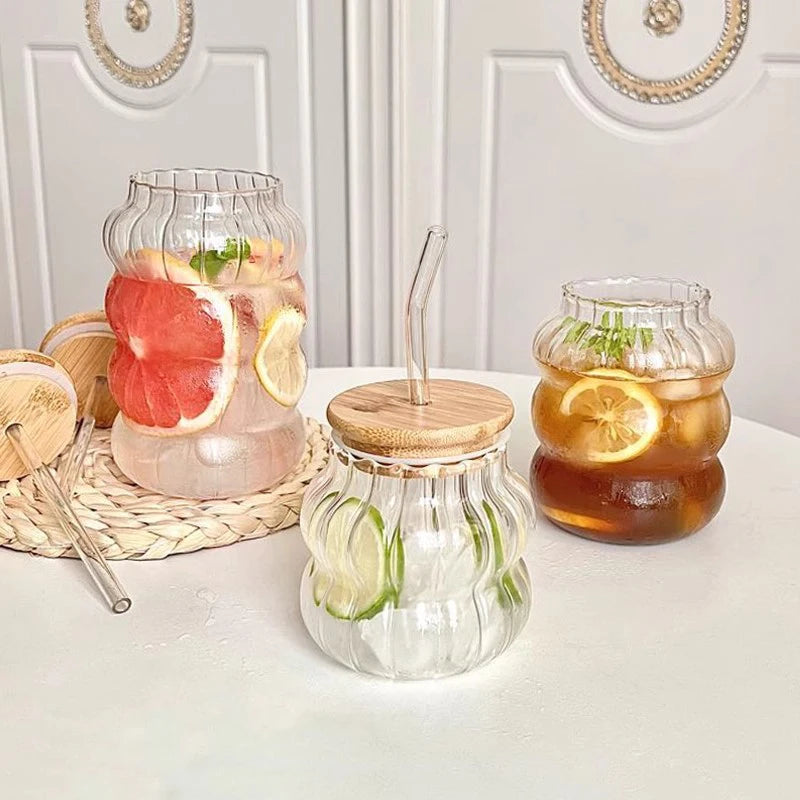 1/2pcs Glass Cup With Lid Heat-resistant Tumbler Drinkware Wave Shape Glass Cup Cold Coffee Juice Milk Tea Stripe Mug With Straw