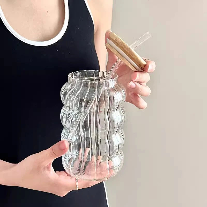 1/2pcs Glass Cup With Lid Heat-resistant Tumbler Drinkware Wave Shape Glass Cup Cold Coffee Juice Milk Tea Stripe Mug With Straw