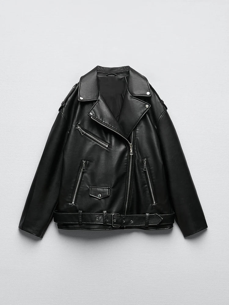 Ailegogo femmes ample moto motard noir Pu Faux cuir veste avec ceinture printemps automne femme manteau à glissière vêtements d'extérieur