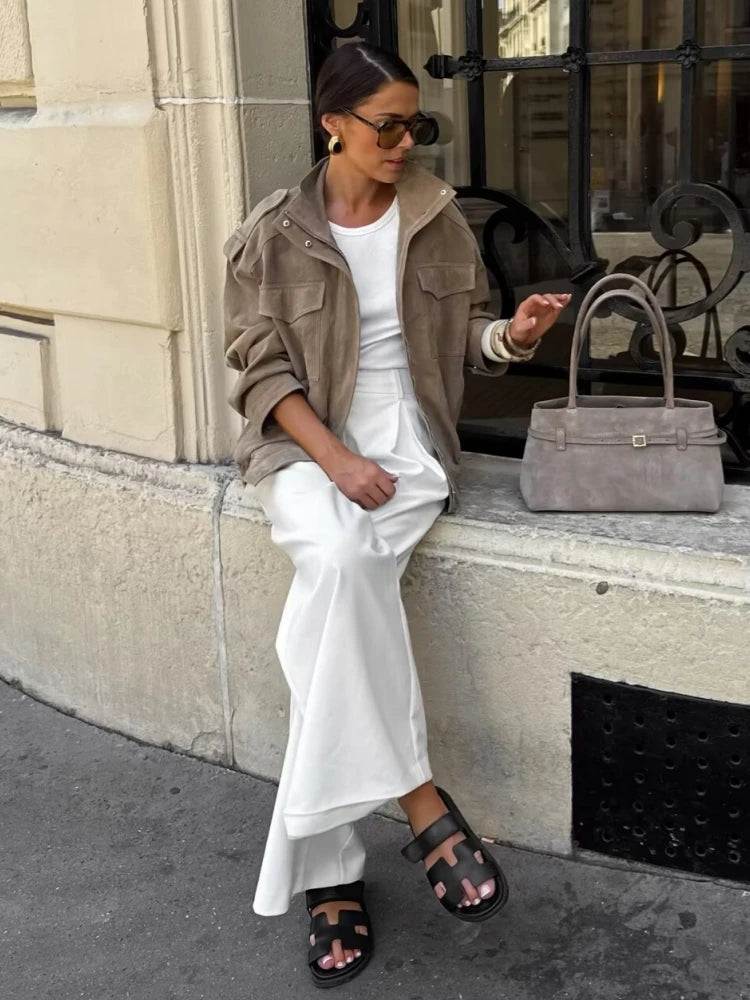 Winter Khaki Suede Leather Women's Jacket Fashion Stand Collar Zippers Pockets Women Coat 2025 Autumn New Female Vintage Outwear