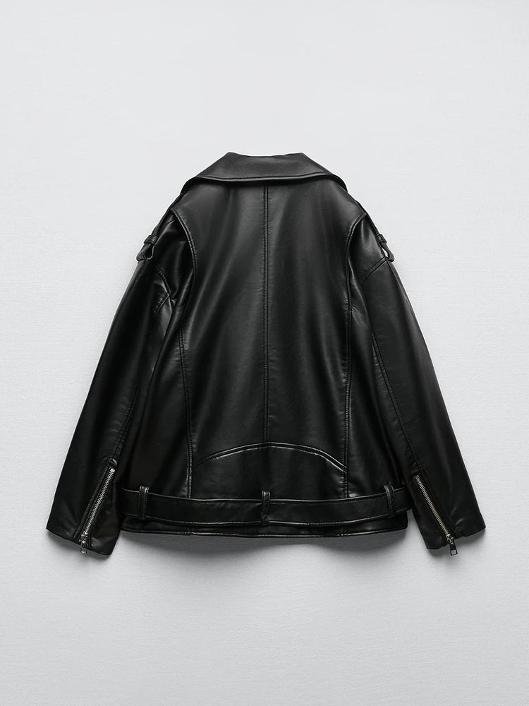 Ailegogo femmes ample moto motard noir Pu Faux cuir veste avec ceinture printemps automne femme manteau à glissière vêtements d'extérieur