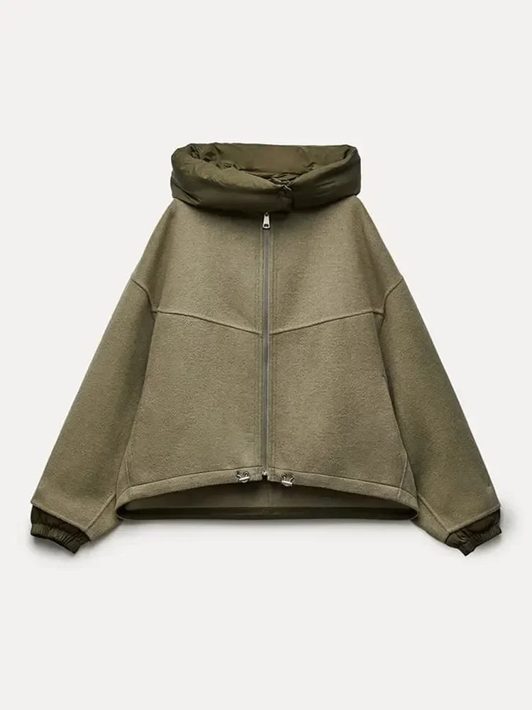 Oversized Zipper Hooded Jacket For Women Fashion Thick Patchwork Long Sleeve Coat 2023 Autumn Winter Loose Warm Street Outerwear