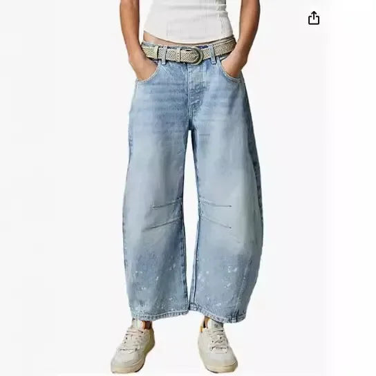 Women's Casual Baggy Jeans Mid Waist Pants Wide Leg Loose Boyfriend Denim Pants Straight Leg Cropped Barrel Jeans Y2k Clothes