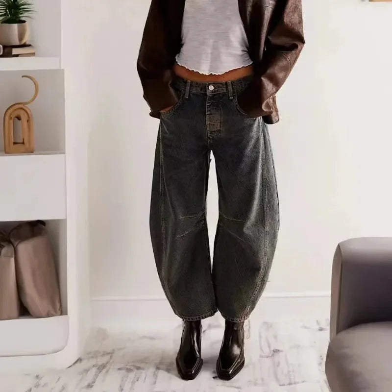 Women's Casual Baggy Jeans Mid Waist Pants Wide Leg Loose Boyfriend Denim Pants Straight Leg Cropped Barrel Jeans Y2k Clothes