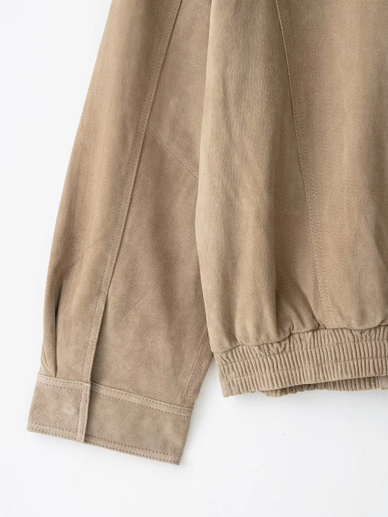 Winter Khaki Suede Leather Women's Jacket Fashion Stand Collar Zippers Pockets Women Coat 2025 Autumn New Female Vintage Outwear