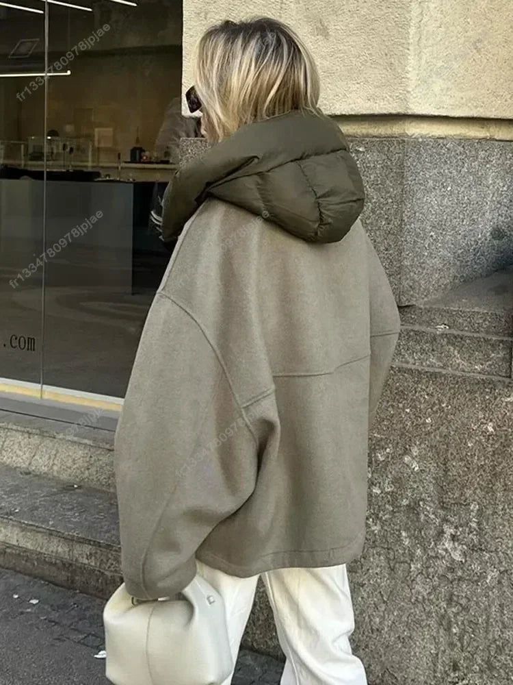 Oversized Zipper Hooded Jacket For Women Fashion Thick Patchwork Long Sleeve Coat 2023 Autumn Winter Loose Warm Street Outerwear