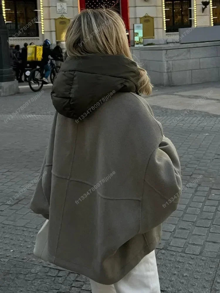 Oversized Zipper Hooded Jacket For Women Fashion Thick Patchwork Long Sleeve Coat 2023 Autumn Winter Loose Warm Street Outerwear