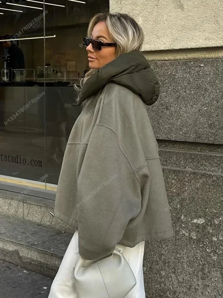 Oversized Zipper Hooded Jacket For Women Fashion Thick Patchwork Long Sleeve Coat 2023 Autumn Winter Loose Warm Street Outerwear