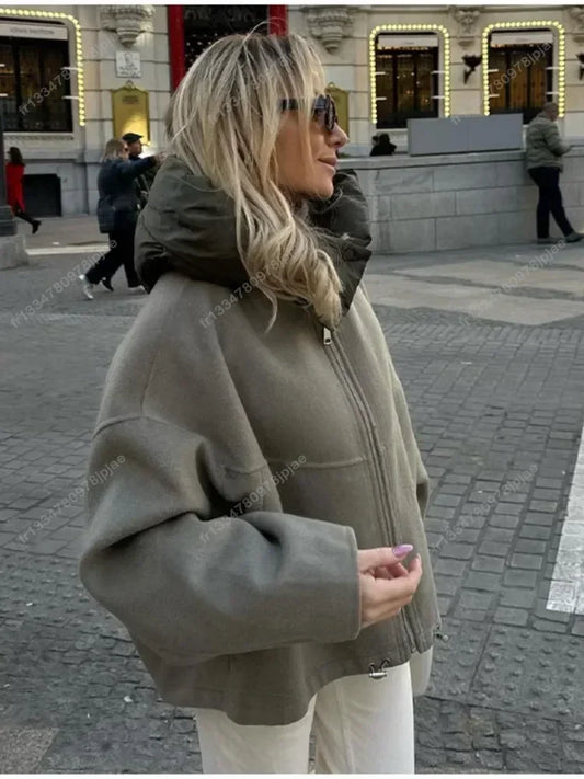Oversized Zipper Hooded Jacket For Women Fashion Thick Patchwork Long Sleeve Coat 2023 Autumn Winter Loose Warm Street Outerwear