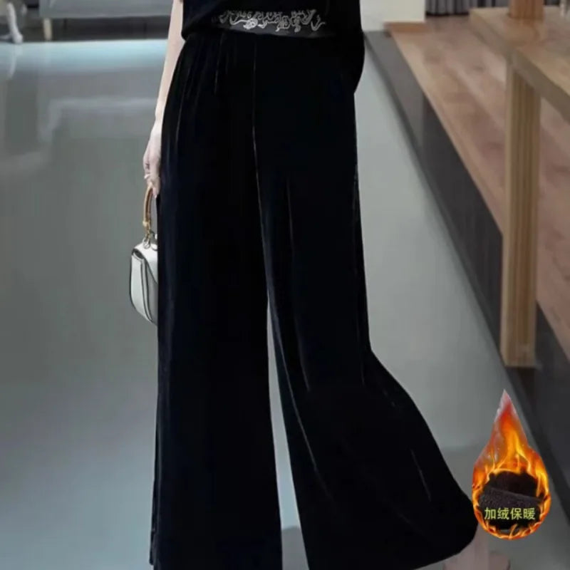 Women Clothing Vintage Embroidery Fleece Thick Warm Wide-leg Pants Ladies Elegant High Waist Loose Straight Trousers Pantalones