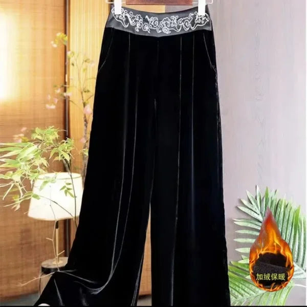 Women Clothing Vintage Embroidery Fleece Thick Warm Wide-leg Pants Ladies Elegant High Waist Loose Straight Trousers Pantalones