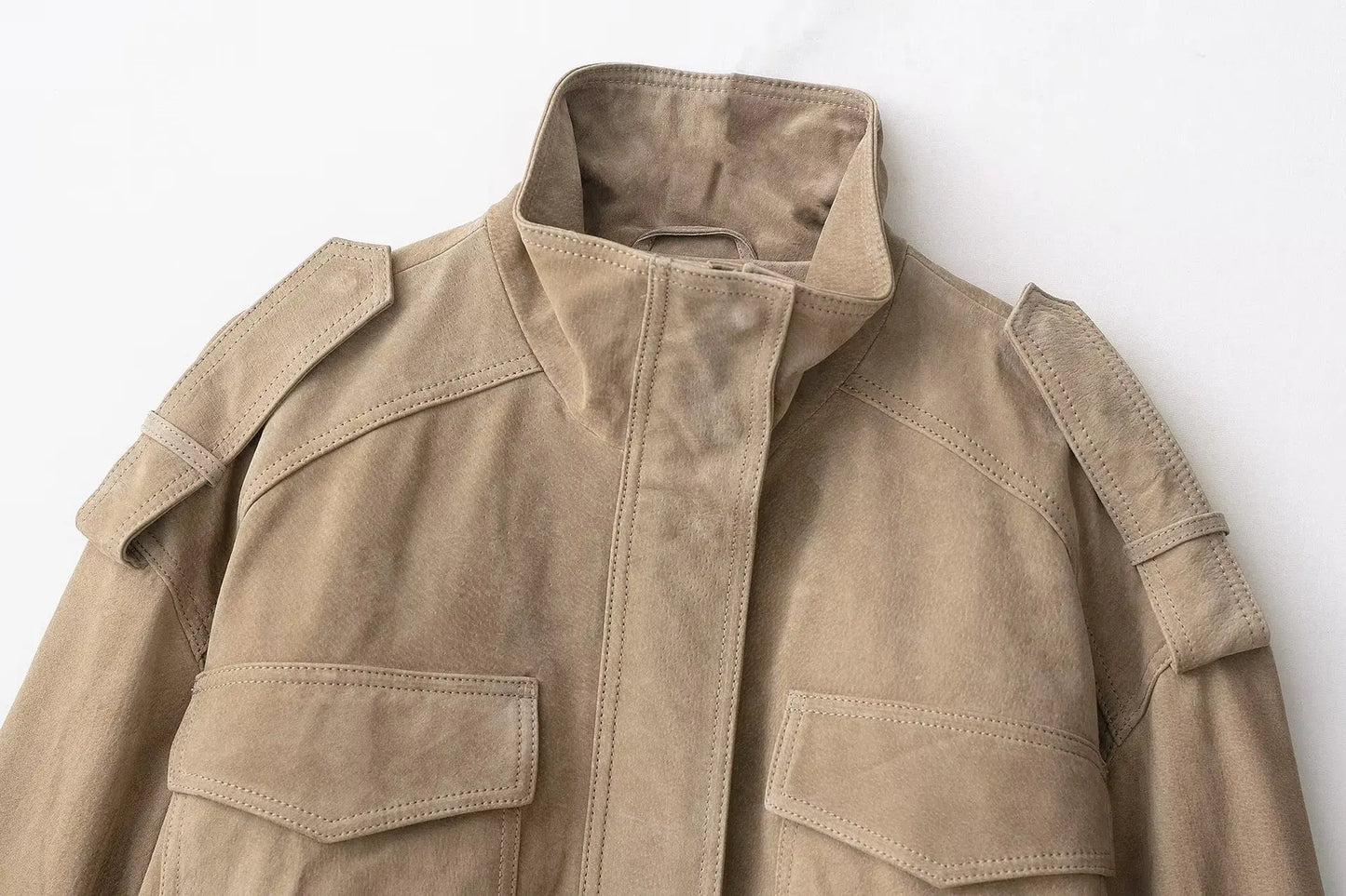 Winter Khaki Suede Leather Women's Jacket Fashion Stand Collar Zippers Pockets Women Coat 2025 Autumn New Female Vintage Outwear