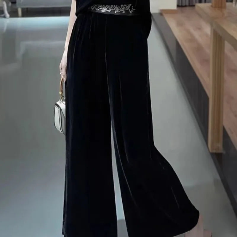 Women Clothing Vintage Embroidery Fleece Thick Warm Wide-leg Pants Ladies Elegant High Waist Loose Straight Trousers Pantalones