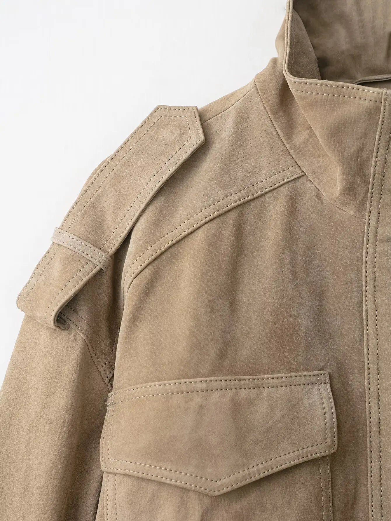 Winter Khaki Suede Leather Women's Jacket Fashion Stand Collar Zippers Pockets Women Coat 2025 Autumn New Female Vintage Outwear