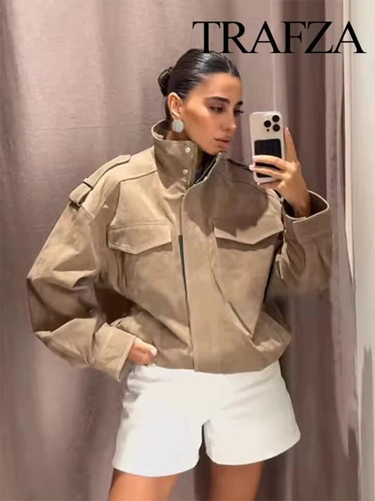 Women Suede Jacket 2025 New Spring Fashion Long Sleeve Zipper Loose Coat Chic Female High Street Outerwear 