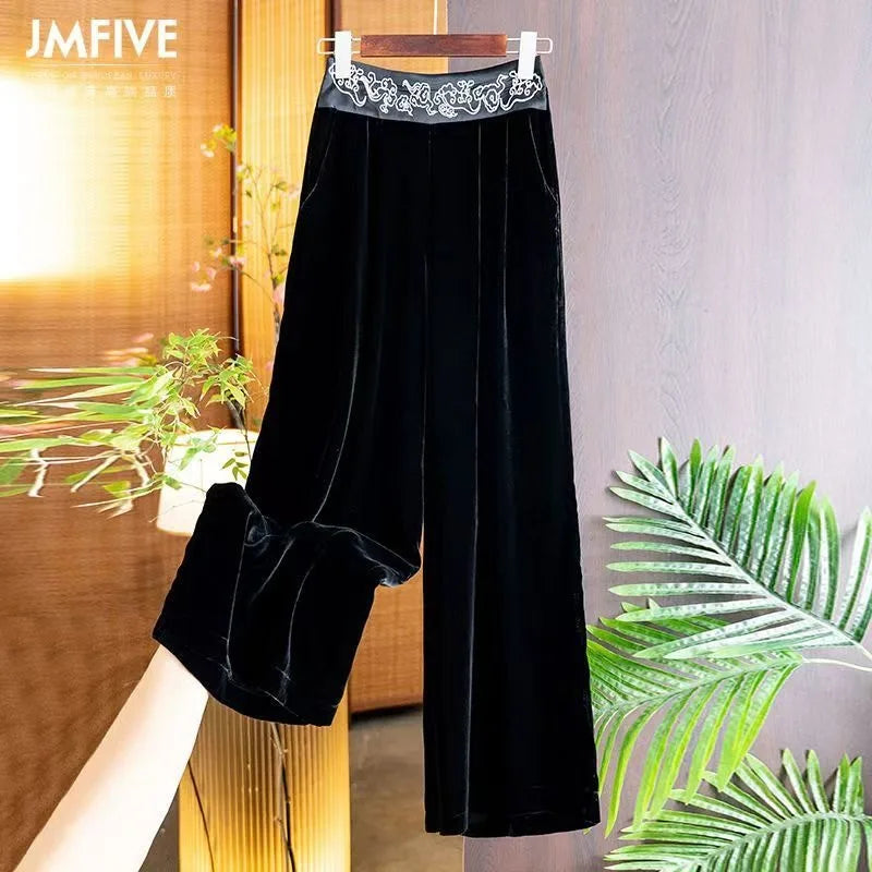 Women Clothing Vintage Embroidery Fleece Thick Warm Wide-leg Pants Ladies Elegant High Waist Loose Straight Trousers Pantalones