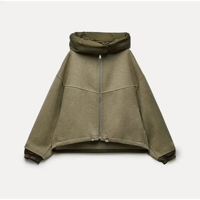 Oversized Zipper Hooded Jacket For Women Fashion Thick Patchwork Long Sleeve Coat 2023 Autumn Winter Loose Warm Street Outerwear