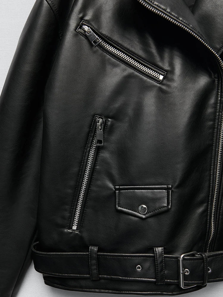 Ailegogo femmes ample moto motard noir Pu Faux cuir veste avec ceinture printemps automne femme manteau à glissière vêtements d'extérieur