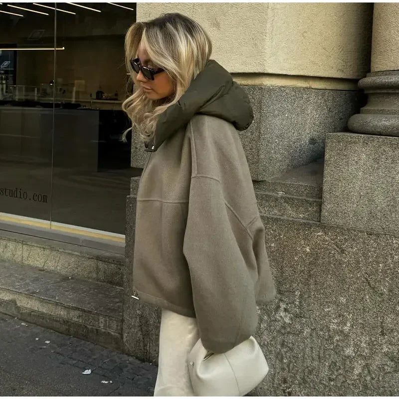 Oversized Zipper Hooded Jacket For Women Fashion Thick Patchwork Long Sleeve Coat 2023 Autumn Winter Loose Warm Street Outerwear