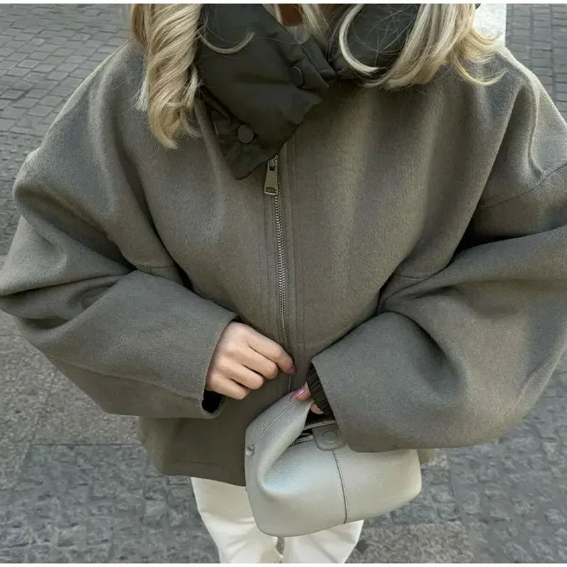 Oversized Zipper Hooded Jacket For Women Fashion Thick Patchwork Long Sleeve Coat 2023 Autumn Winter Loose Warm Street Outerwear