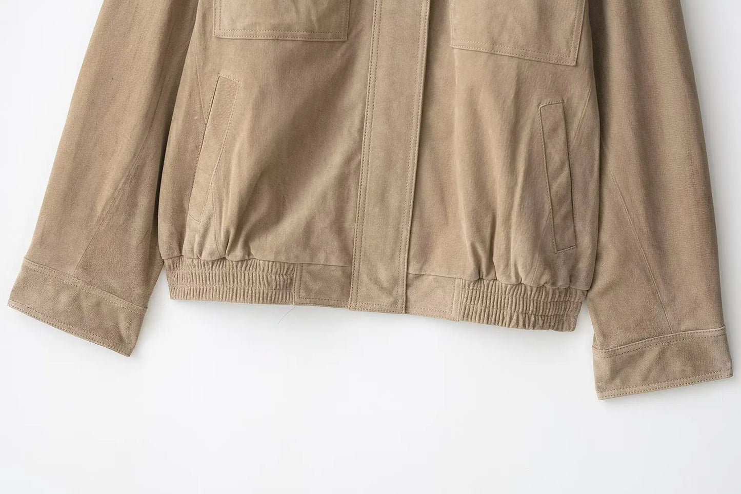 Winter Khaki Suede Leather Women's Jacket Fashion Stand Collar Zippers Pockets Women Coat 2025 Autumn New Female Vintage Outwear
