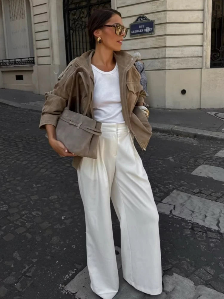 Winter Khaki Suede Leather Women's Jacket Fashion Stand Collar Zippers Pockets Women Coat 2025 Autumn New Female Vintage Outwear