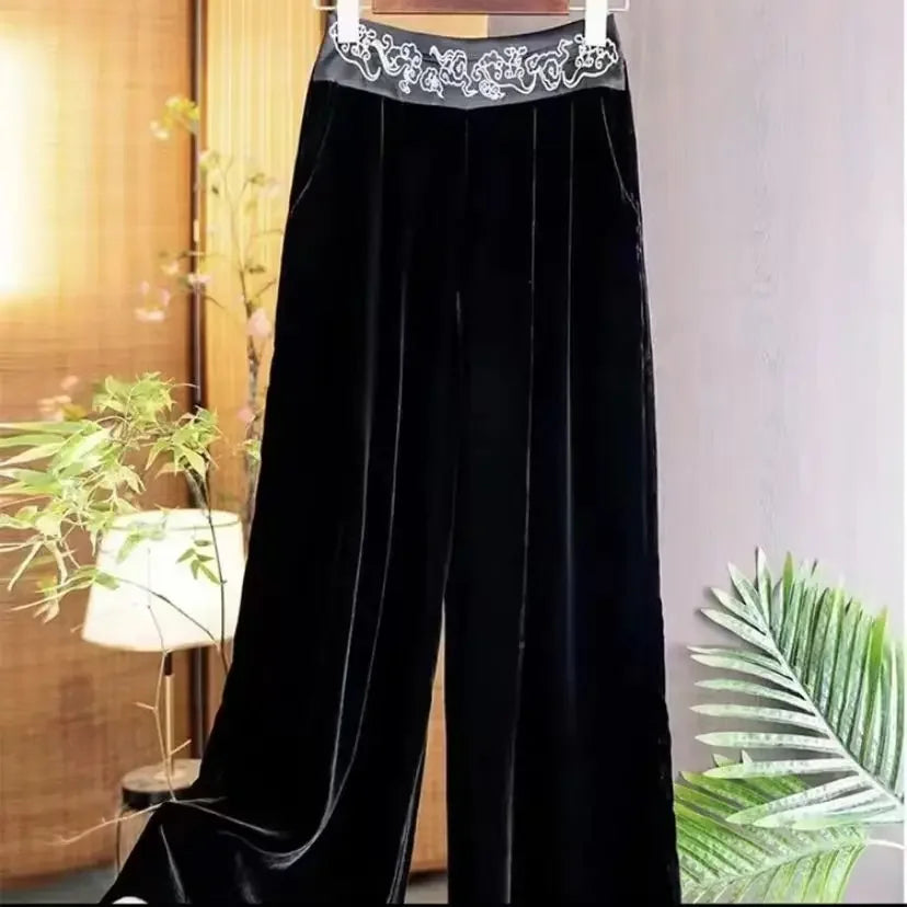 Women Clothing Vintage Embroidery Fleece Thick Warm Wide-leg Pants Ladies Elegant High Waist Loose Straight Trousers Pantalones