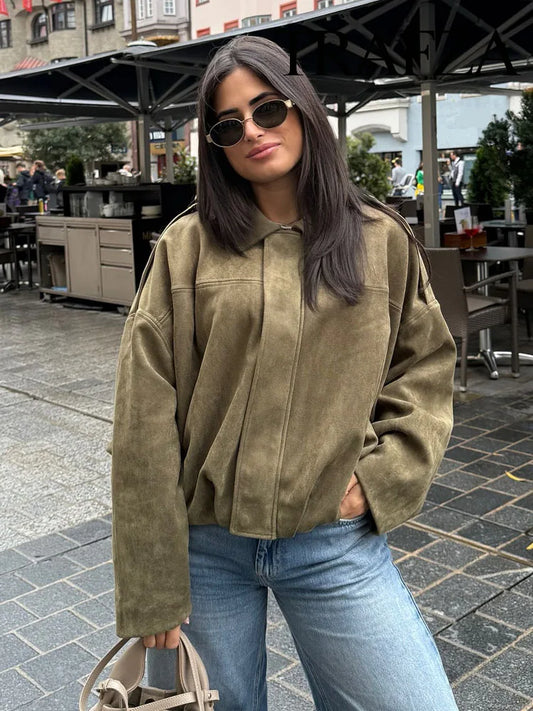 HH – veste Texture en daim pour femmes, manches longues, col rabattu, fermeture éclair élastique, bouton, solide, manteau tendance de printemps