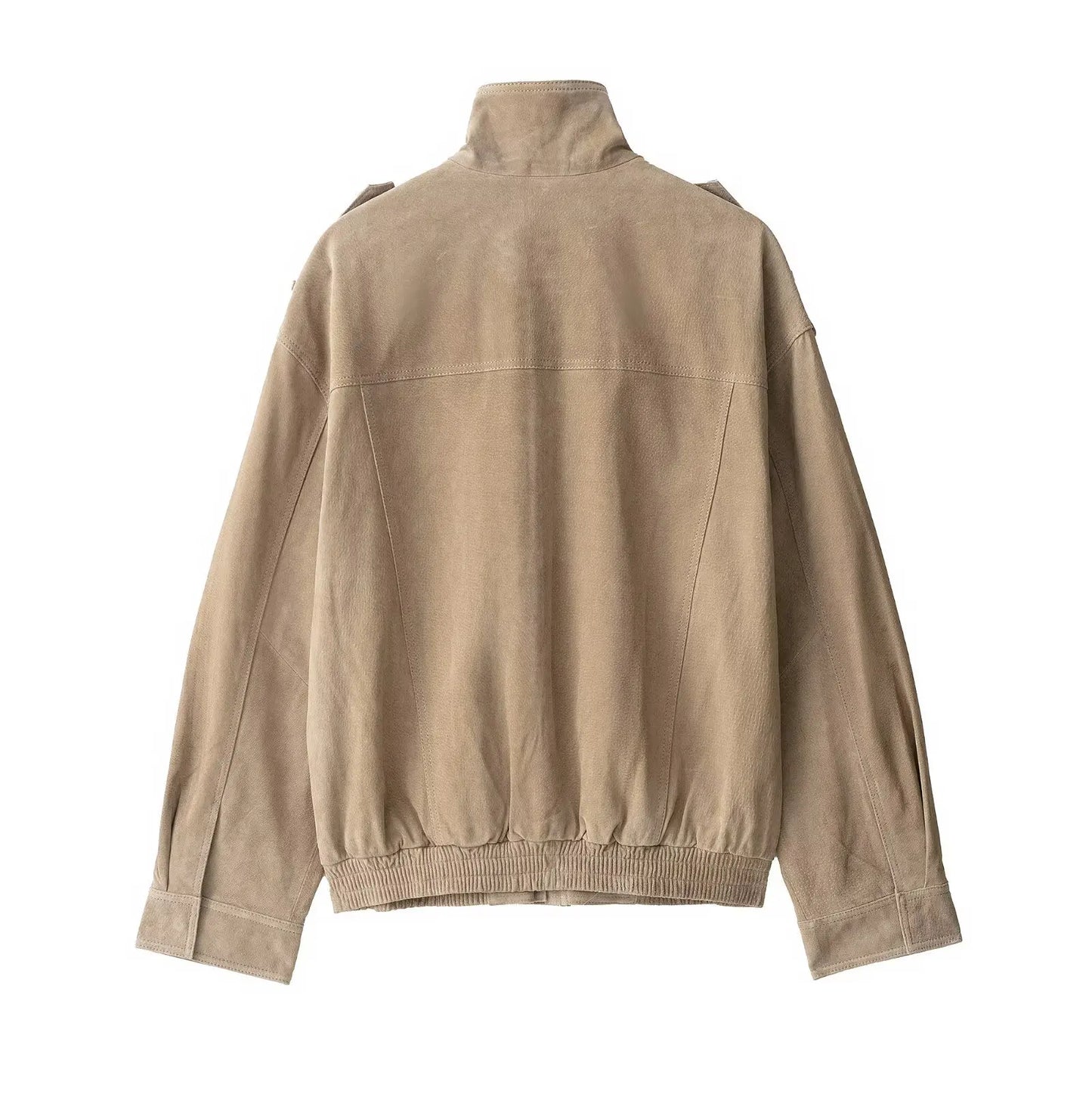 Winter Khaki Suede Leather Women's Jacket Fashion Stand Collar Zippers Pockets Women Coat 2025 Autumn New Female Vintage Outwear