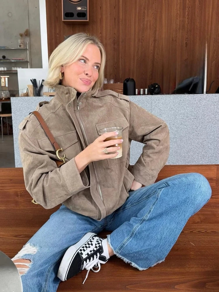 Winter Khaki Suede Leather Women's Jacket Fashion Stand Collar Zippers Pockets Women Coat 2025 Autumn New Female Vintage Outwear