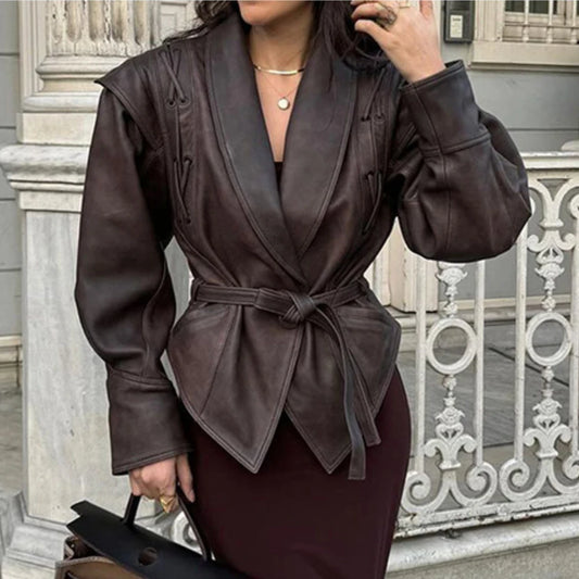 Suninheart automne et hiver vestes en simili cuir pour femmes 2025 épaule tombante veste surdimensionnée manteau ceinturé Corset veste