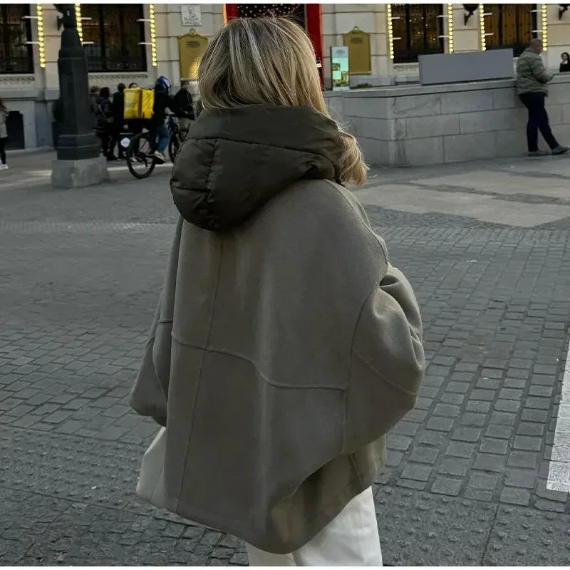 Oversized Zipper Hooded Jacket For Women Fashion Thick Patchwork Long Sleeve Coat 2023 Autumn Winter Loose Warm Street Outerwear