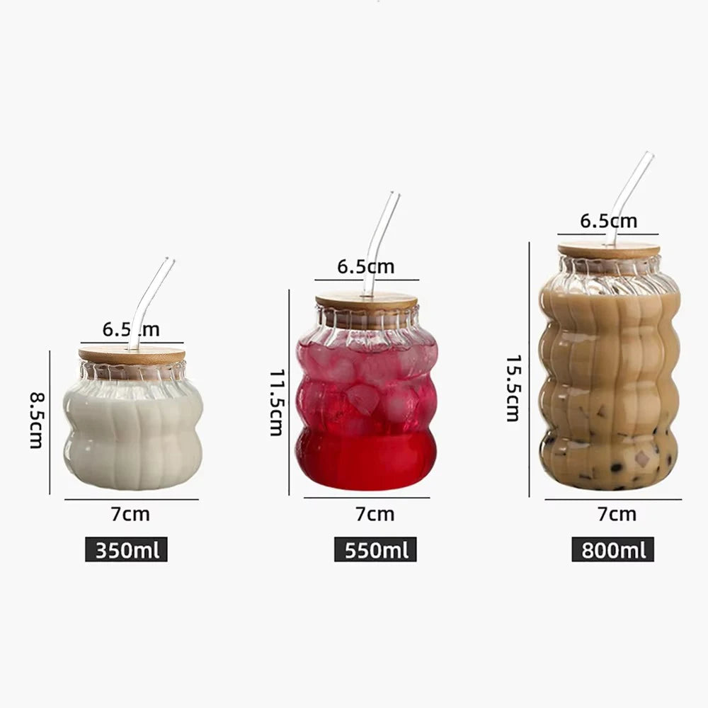 1/2pcs Glass Cup With Lid Heat-resistant Tumbler Drinkware Wave Shape Glass Cup Cold Coffee Juice Milk Tea Stripe Mug With Straw