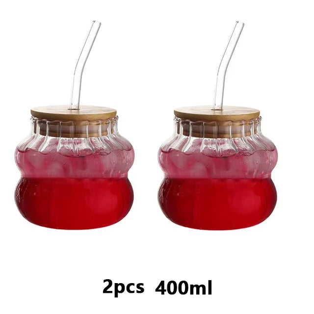 1/2pcs Glass Cup With Lid Heat-resistant Tumbler Drinkware Wave Shape Glass Cup Cold Coffee Juice Milk Tea Stripe Mug With Straw