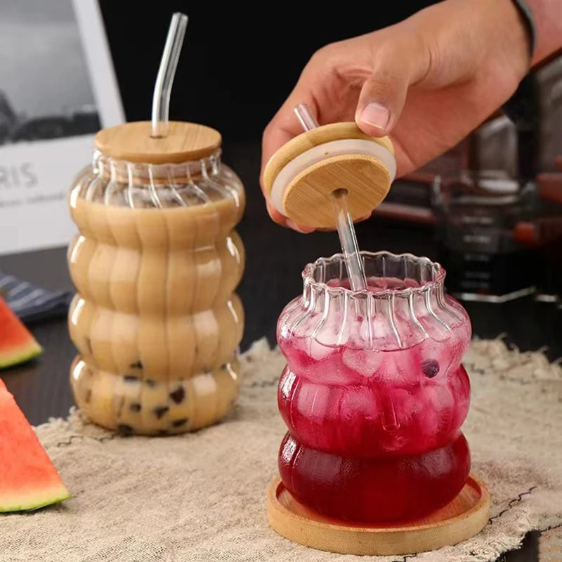 1/2pcs Glass Cup With Lid Heat-resistant Tumbler Drinkware Wave Shape Glass Cup Cold Coffee Juice Milk Tea Stripe Mug With Straw