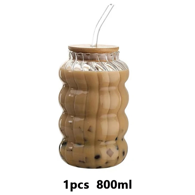 1/2pcs Glass Cup With Lid Heat-resistant Tumbler Drinkware Wave Shape Glass Cup Cold Coffee Juice Milk Tea Stripe Mug With Straw