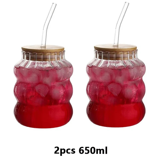 1/2pcs Glass Cup With Lid Heat-resistant Tumbler Drinkware Wave Shape Glass Cup Cold Coffee Juice Milk Tea Stripe Mug With Straw
