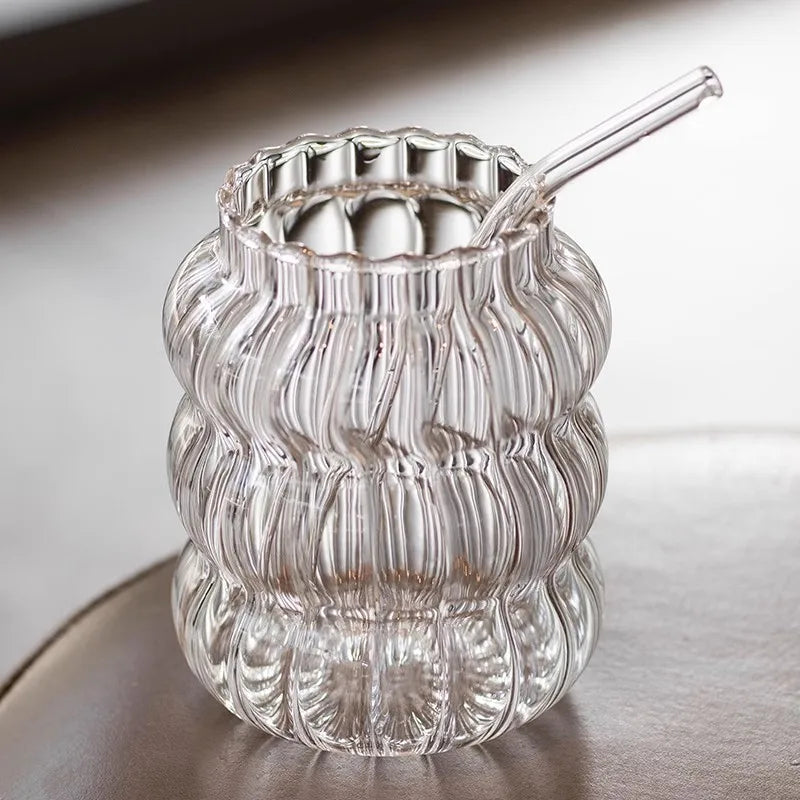 1/2pcs Glass Cup With Lid Heat-resistant Tumbler Drinkware Wave Shape Glass Cup Cold Coffee Juice Milk Tea Stripe Mug With Straw