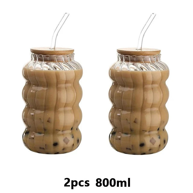 1/2pcs Glass Cup With Lid Heat-resistant Tumbler Drinkware Wave Shape Glass Cup Cold Coffee Juice Milk Tea Stripe Mug With Straw