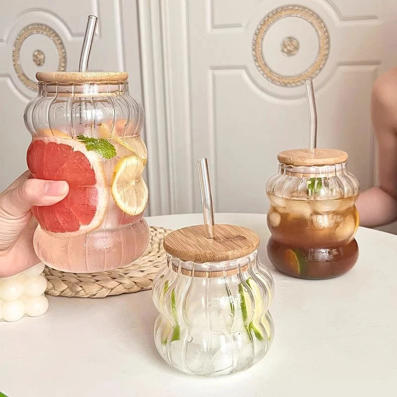 1/2pcs Glass Cup With Lid Heat-resistant Tumbler Drinkware Wave Shape Glass Cup Cold Coffee Juice Milk Tea Stripe Mug With Straw