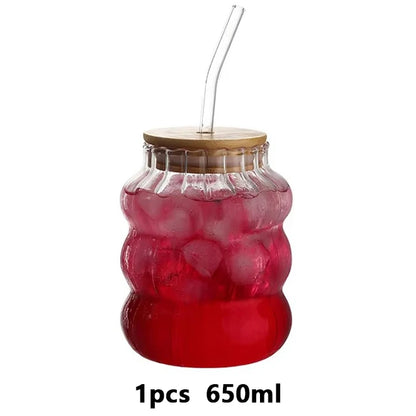 1/2pcs Glass Cup With Lid Heat-resistant Tumbler Drinkware Wave Shape Glass Cup Cold Coffee Juice Milk Tea Stripe Mug With Straw