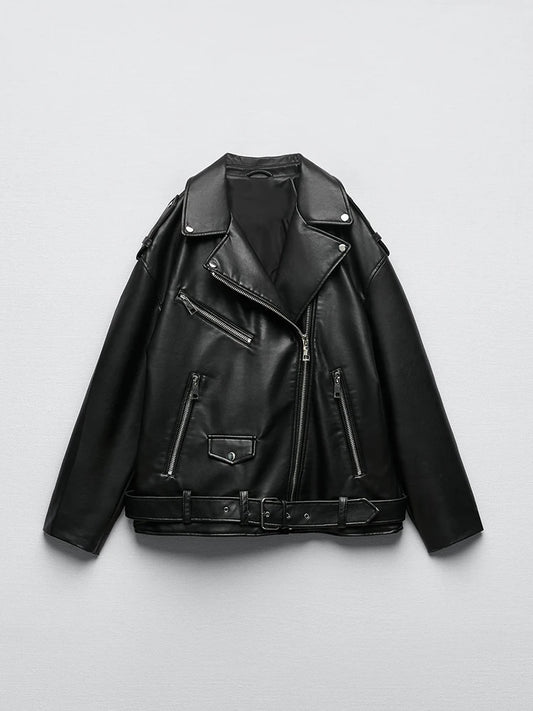 Ailegogo femmes ample moto motard noir Pu Faux cuir veste avec ceinture printemps automne femme manteau à glissière vêtements d'extérieur
