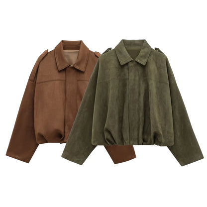 HH – veste Texture en daim pour femmes, manches longues, col rabattu, fermeture éclair élastique, bouton, solide, manteau tendance de printemps