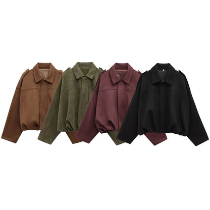 HH – veste Texture en daim pour femmes, manches longues, col rabattu, fermeture éclair élastique, bouton, solide, manteau tendance de printemps