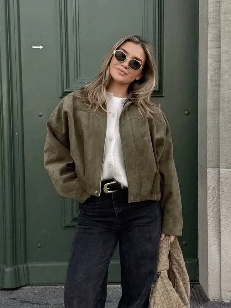 HH – veste Texture en daim pour femmes, manches longues, col rabattu, fermeture éclair élastique, bouton, solide, manteau tendance de printemps