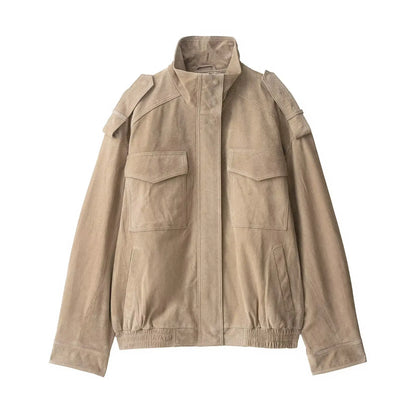 Winter Khaki Suede Leather Women's Jacket Fashion Stand Collar Zippers Pockets Women Coat 2025 Autumn New Female Vintage Outwear