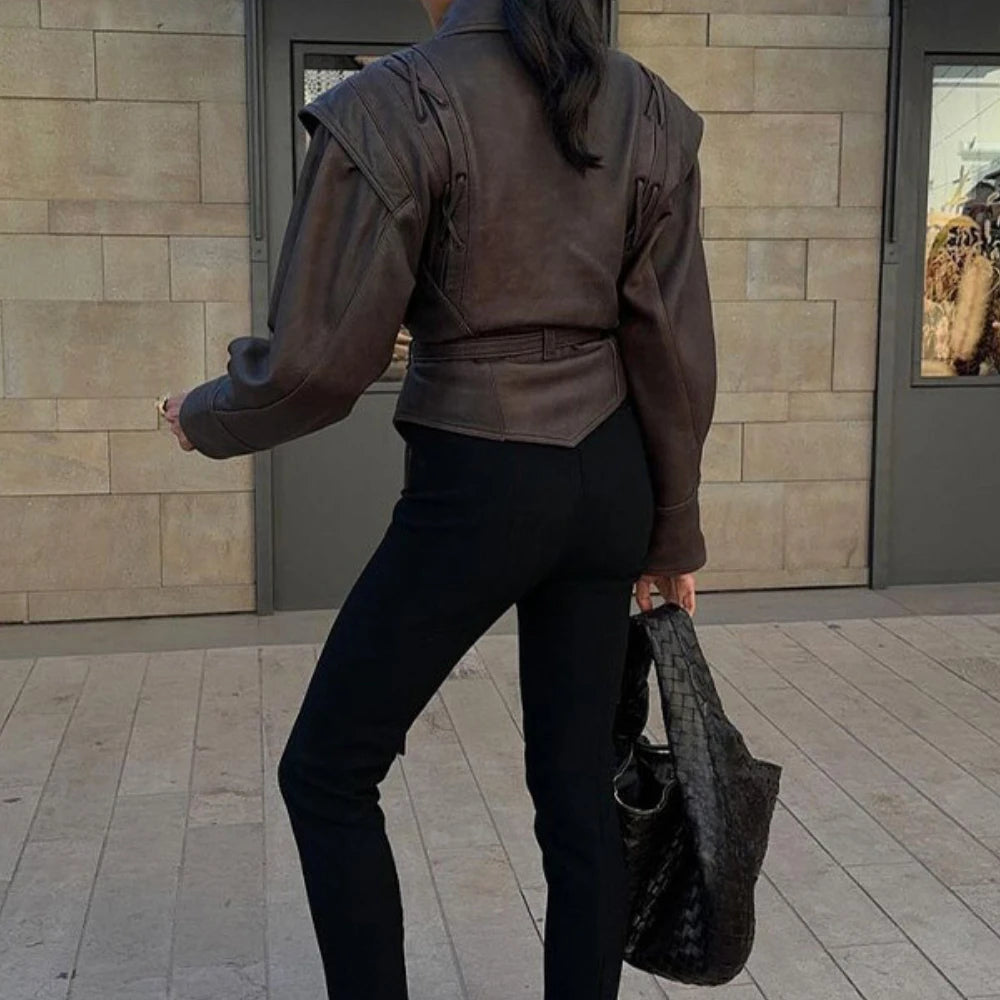 Suninheart automne et hiver vestes en simili cuir pour femmes 2025 épaule tombante veste surdimensionnée manteau ceinturé Corset veste