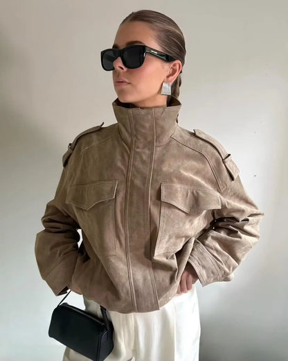 Winter Khaki Suede Leather Women's Jacket Fashion Stand Collar Zippers Pockets Women Coat 2025 Autumn New Female Vintage Outwear